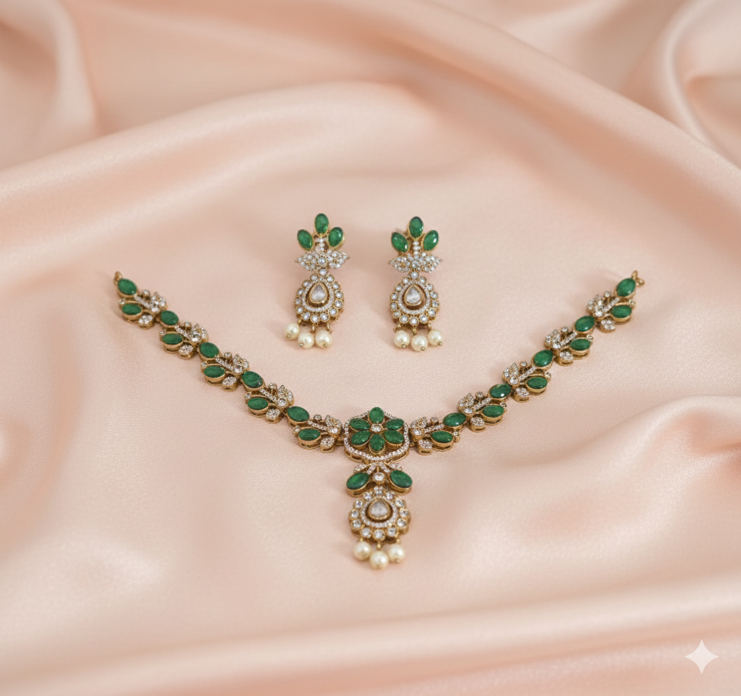 AD Diamond Emerald Necklace With Drops Matching Earring